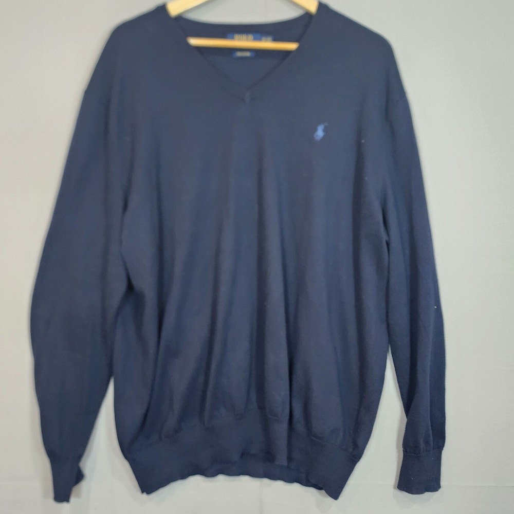 Polo Ralph Lauren Sweater Navy Pima Cotton‎ V-Neck Mens 1XB